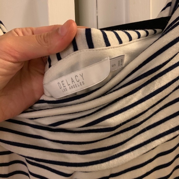 SOLD Delacy Navy White Striped Off Shoulder Dress - Picture 5 of 5